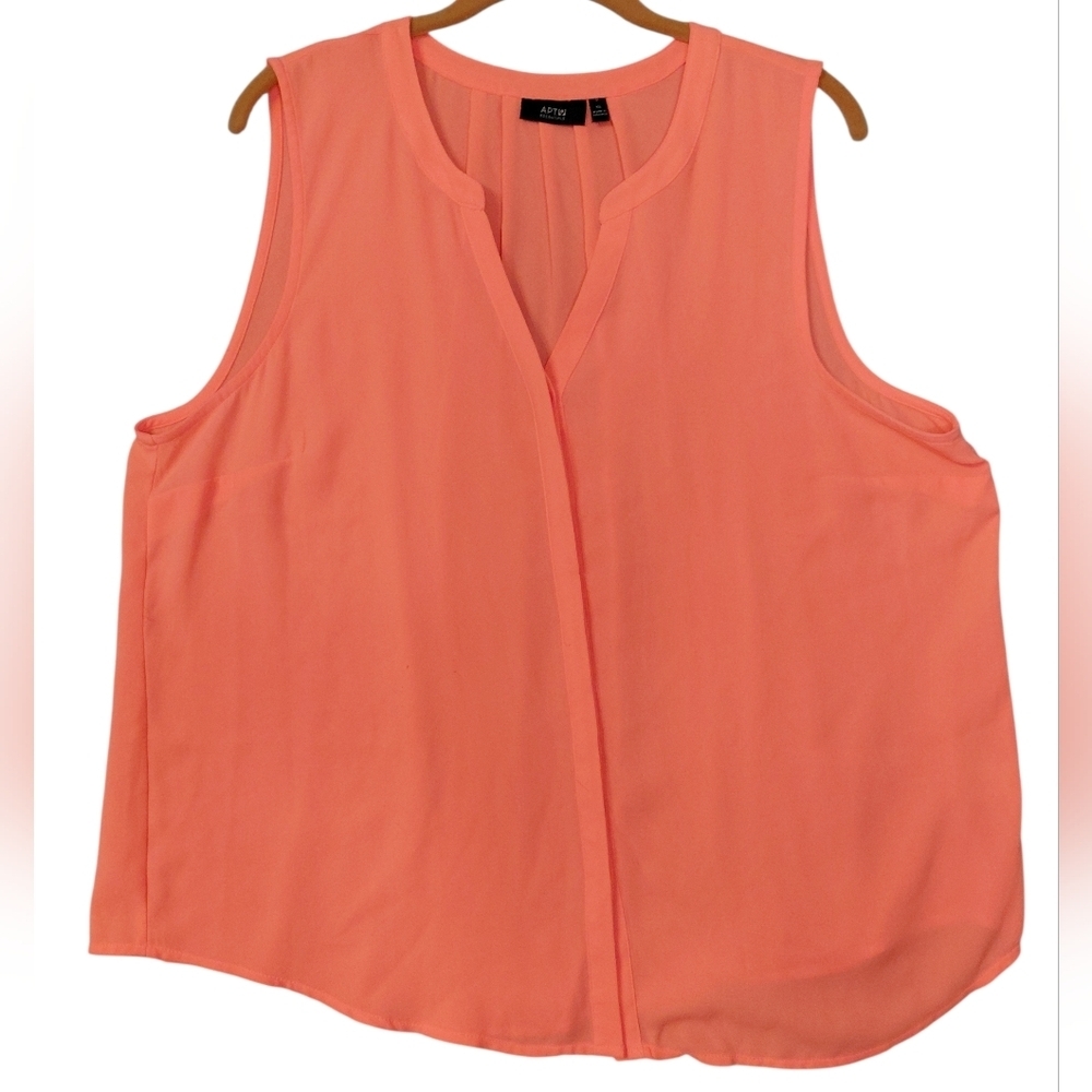 Neon Peach Bright Coral Sleeveless V-Neck Lightweight Pleated Blouse Tank Top Xl